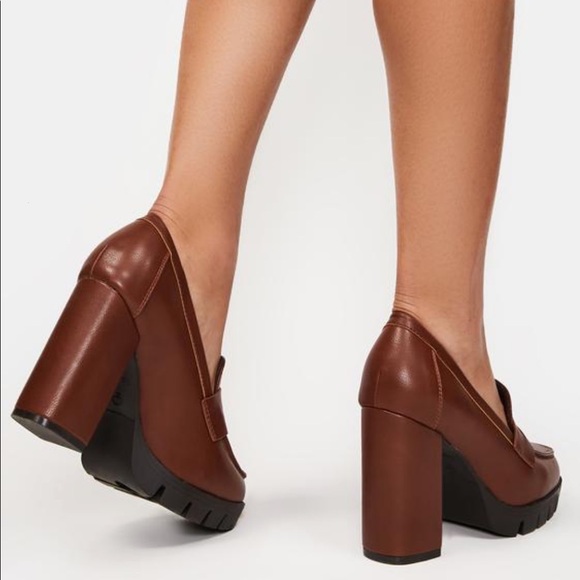 Lug Sole Tan High Heel Platform Penny Loafer - Picture 5 of 14